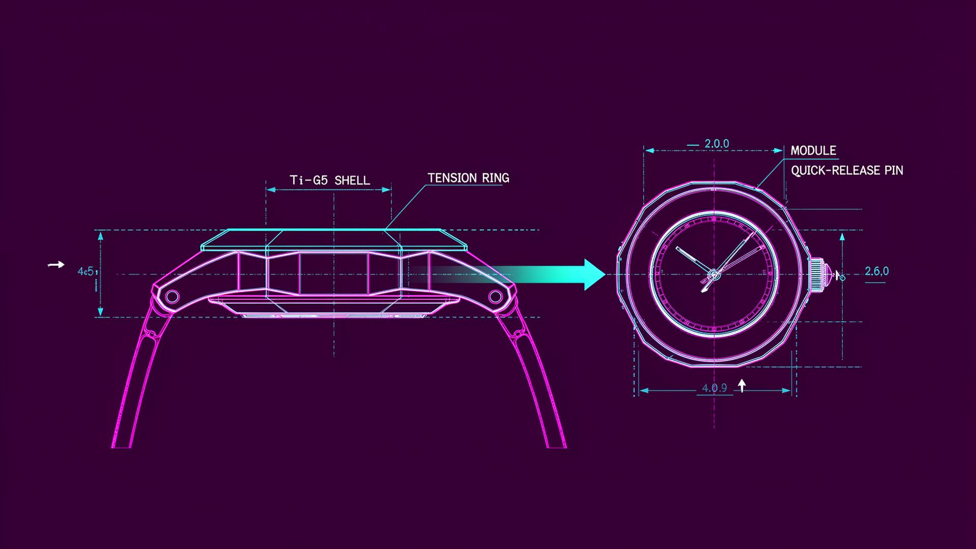 Technical blueprint of the octagon case and pocket watch module
